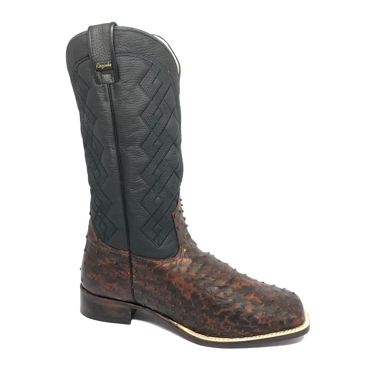 Bota De Couro De Avestruz Cheio BloodWine - Cano Alto, Bico Quadrado, Solado De Couro Artesanal