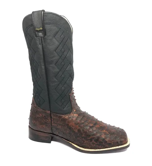 Bota De Couro De Avestruz Cheio BloodWine - Cano Alto, Bico Quadrado, Solado De Couro Artesanal