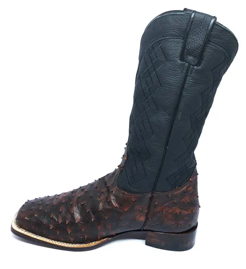 Bota De Couro De Avestruz Cheio BloodWine - Cano Alto, Bico Quadrado, Solado De Couro Artesanal