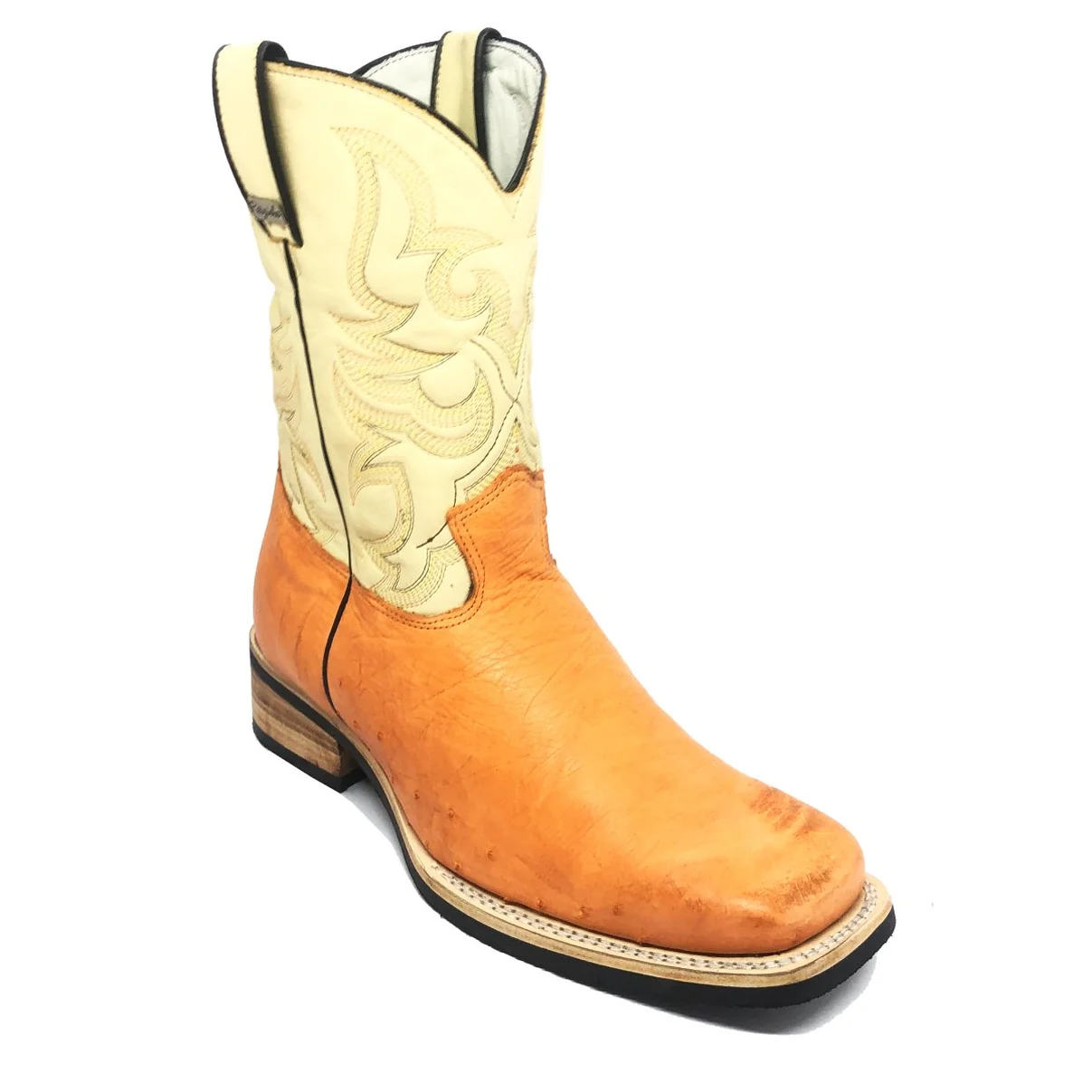 Bota De Couro De Barriga De Avestruz Conhaque - Cano Médio, Bico Quadrado, Solado X-Flex Artesanal