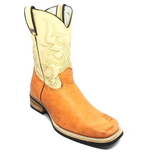 Bota De Couro De Barriga De Avestruz Conhaque - Cano Médio, Bico Quadrado, Solado X-Flex Artesanal
