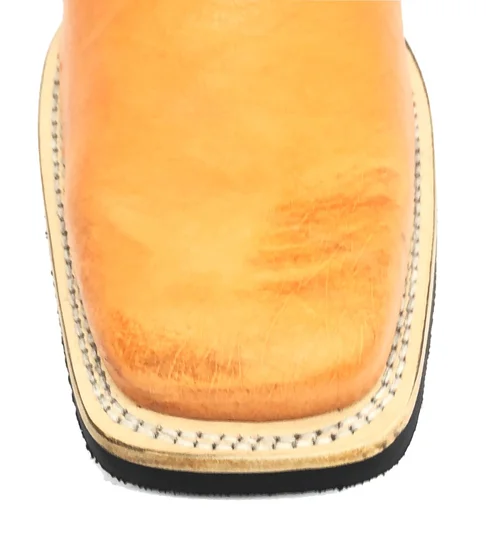 Bota De Couro De Barriga De Avestruz Conhaque - Cano Médio, Bico Quadrado, Solado X-Flex Artesanal