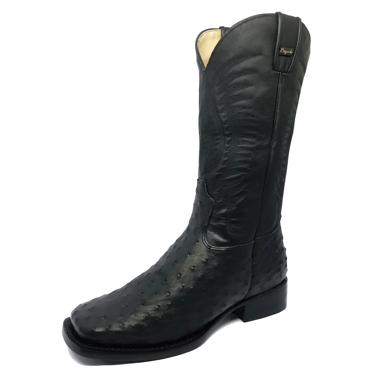 Bota De Couro De Avestruz Cheio Preto - Cano Alto, Bico Quadrado, Solado De Couro Artesanal