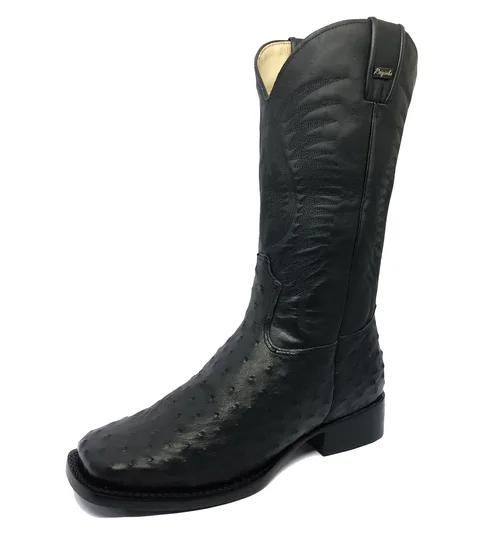 Bota De Couro De Avestruz Cheio Preto - Cano Alto, Bico Quadrado, Solado De Couro Artesanal