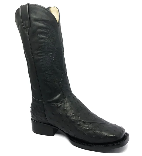 Bota De Couro De Avestruz Cheio Preto - Cano Alto, Bico Quadrado, Solado De Couro Artesanal