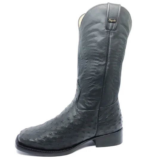 Bota De Couro De Avestruz Cheio Preto - Cano Alto, Bico Quadrado, Solado De Couro Artesanal