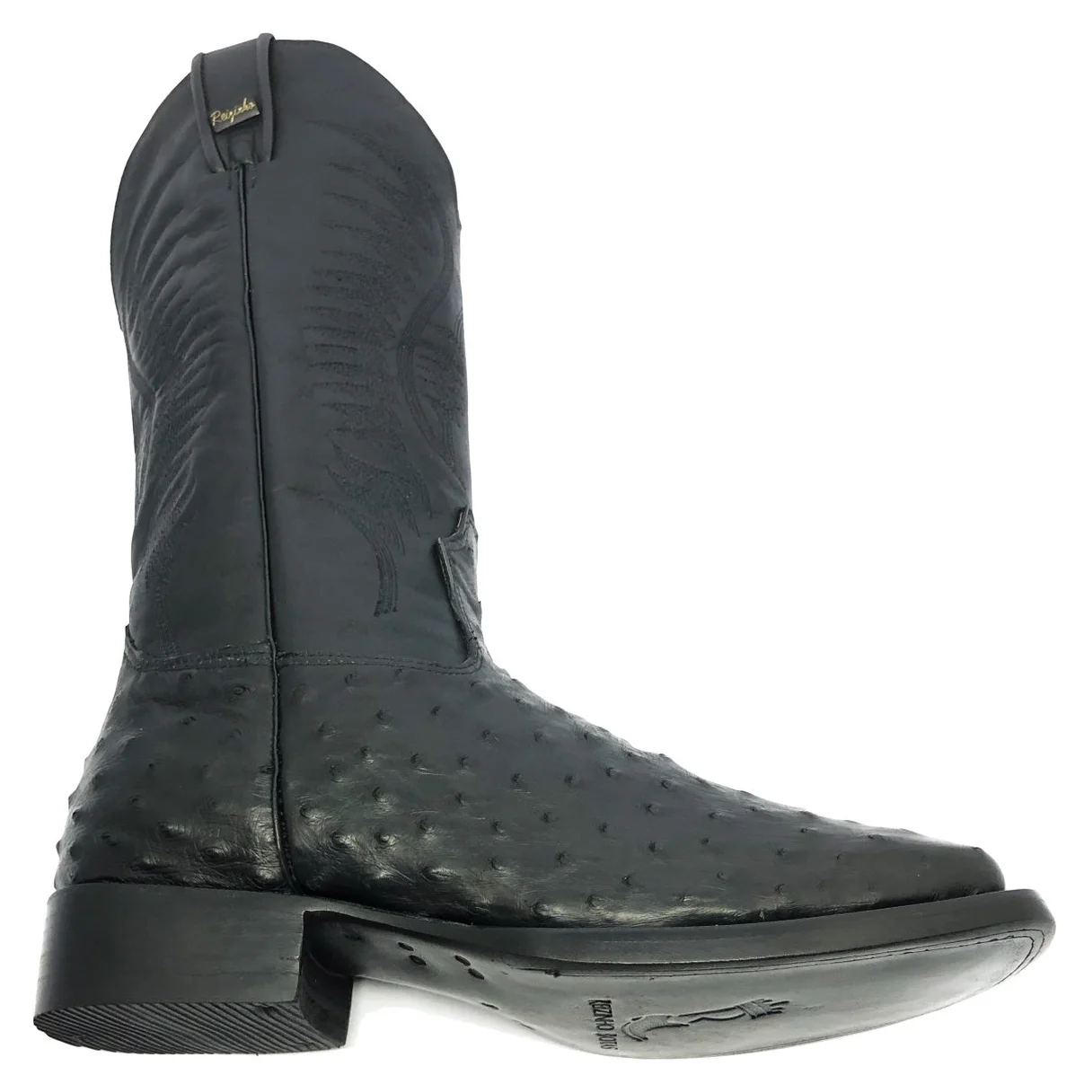 Bota De Couro De Avestruz Cheio Preto - Cano Alto, Bico Quadrado, Solado De Couro Artesanal