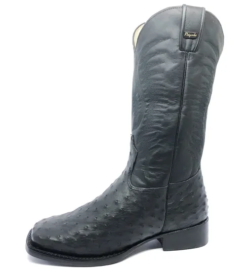 Bota De Couro De Avestruz Cheio Preto - Cano Alto, Bico Quadrado, Solado De Couro Artesanal