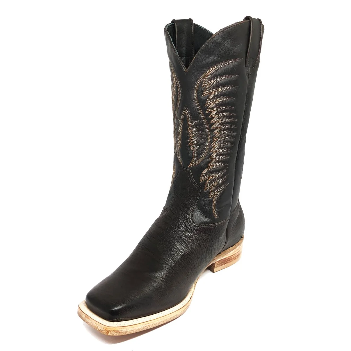 Bota De Couro De Barriga De Avestruz Marrom Café - Cano Alto, Bico Quadrado, Solado De Couro Artesanal