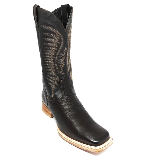 Bota De Couro De Barriga De Avestruz Marrom Café - Cano Alto, Bico Quadrado, Solado De Couro Artesanal