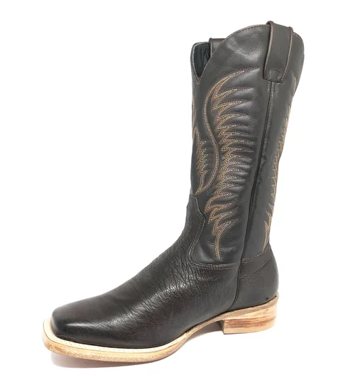 Bota De Couro De Barriga De Avestruz Marrom Café - Cano Alto, Bico Quadrado, Solado De Couro Artesanal