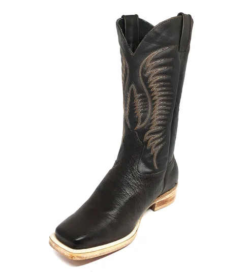 Bota De Couro De Barriga De Avestruz Marrom Café - Cano Alto, Bico Quadrado, Solado De Couro Artesanal