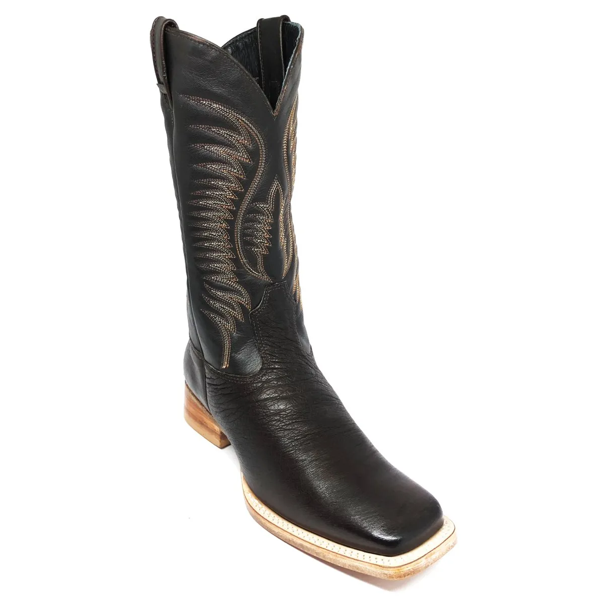 Bota De Couro De Barriga De Avestruz Marrom Café - Cano Alto, Bico Quadrado, Solado De Couro Artesanal