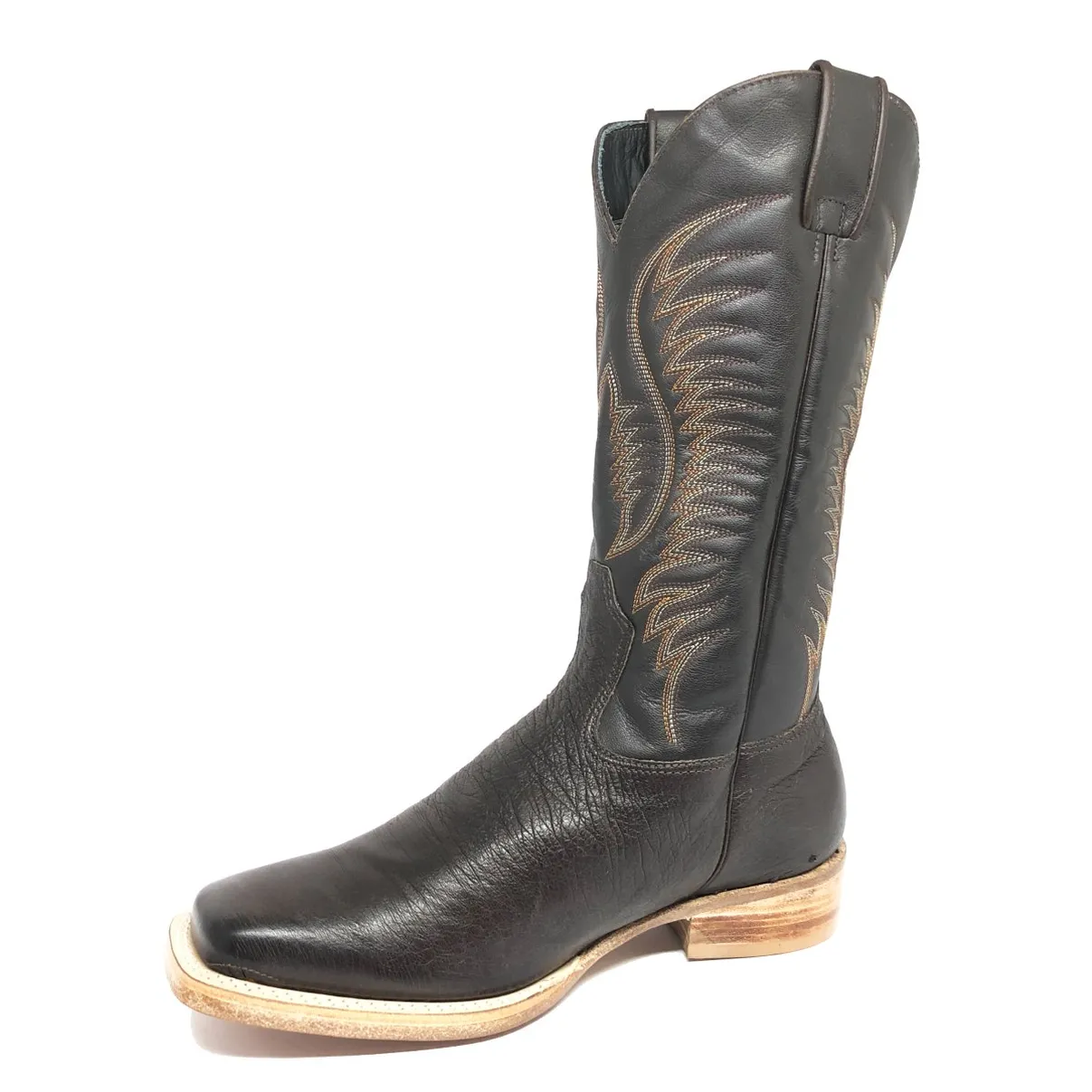 Bota De Couro De Barriga De Avestruz Marrom Café - Cano Alto, Bico Quadrado, Solado De Couro Artesanal