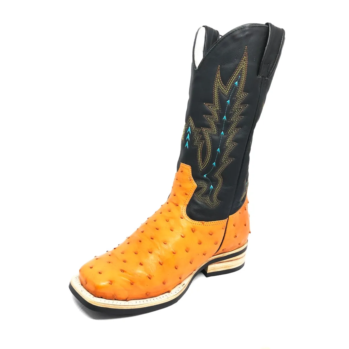 Bota De Couro De Avestruz Cheio Laranja - Cano Alto, Bico Quadrado, Solado X-Flex Artesanal