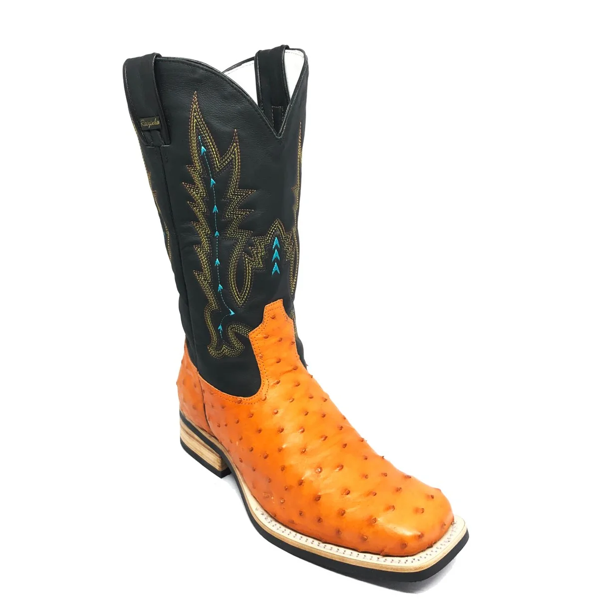 Bota De Couro De Avestruz Cheio Laranja - Cano Alto, Bico Quadrado, Solado X-Flex Artesanal