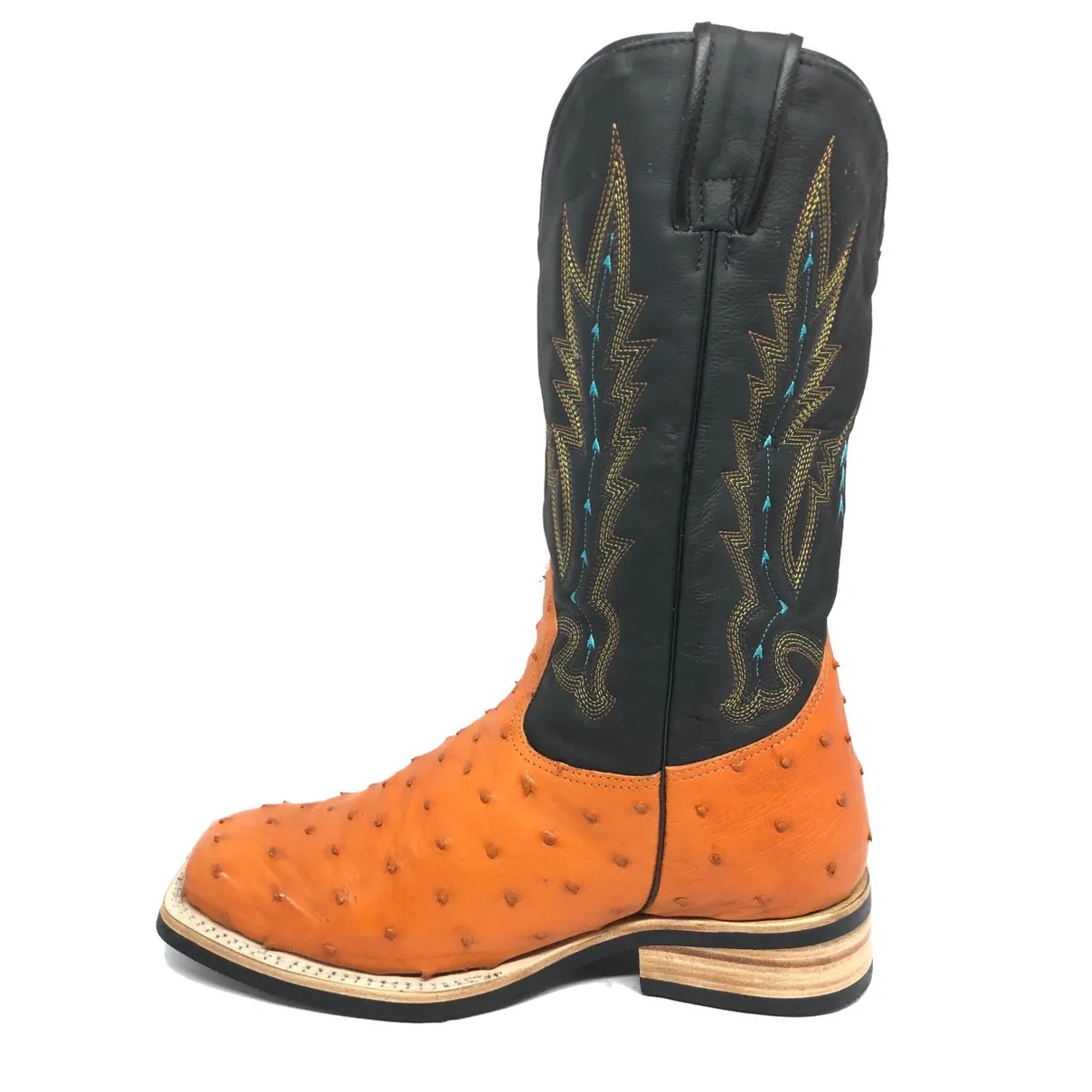 Bota De Couro De Avestruz Cheio Laranja - Cano Alto, Bico Quadrado, Solado X-Flex Artesanal