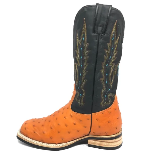 Bota De Couro De Avestruz Cheio Laranja - Cano Alto, Bico Quadrado, Solado X-Flex Artesanal