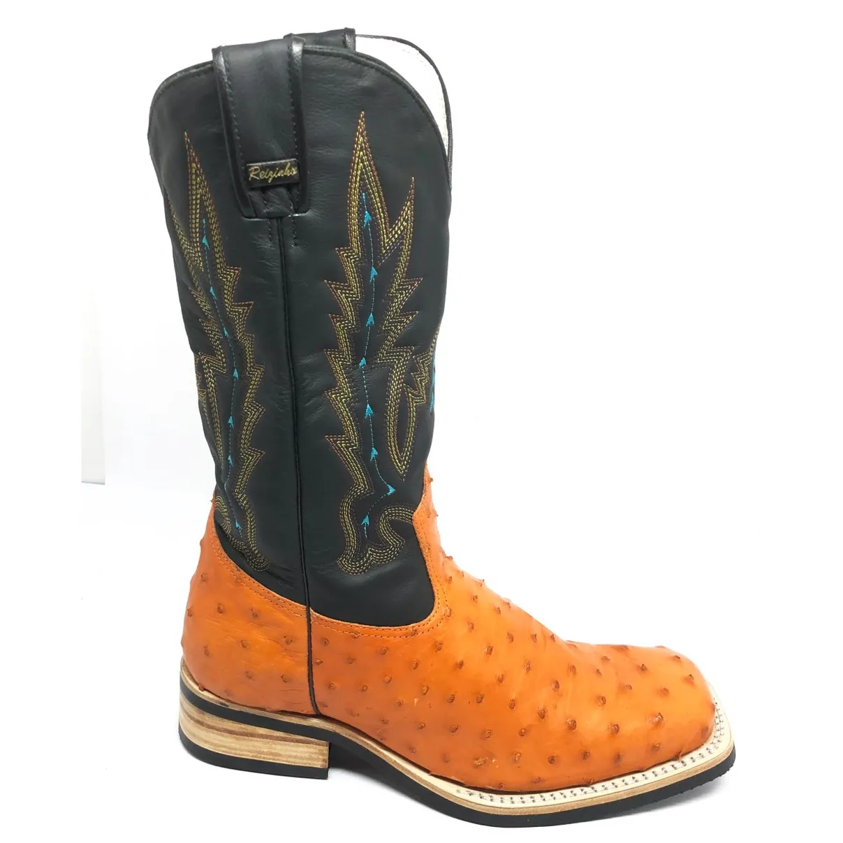 Bota De Couro De Avestruz Cheio Laranja - Cano Alto, Bico Quadrado, Solado X-Flex Artesanal