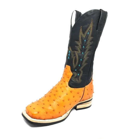 Bota De Couro De Avestruz Cheio Laranja - Cano Alto, Bico Quadrado, Solado X-Flex Artesanal