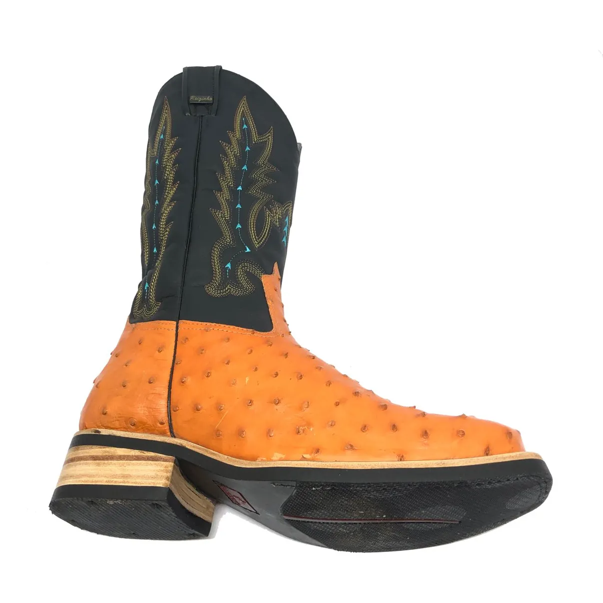 Bota De Couro De Avestruz Cheio Laranja - Cano Alto, Bico Quadrado, Solado X-Flex Artesanal