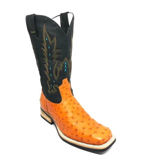 Bota De Couro De Avestruz Cheio Laranja - Cano Alto, Bico Quadrado, Solado X-Flex Artesanal