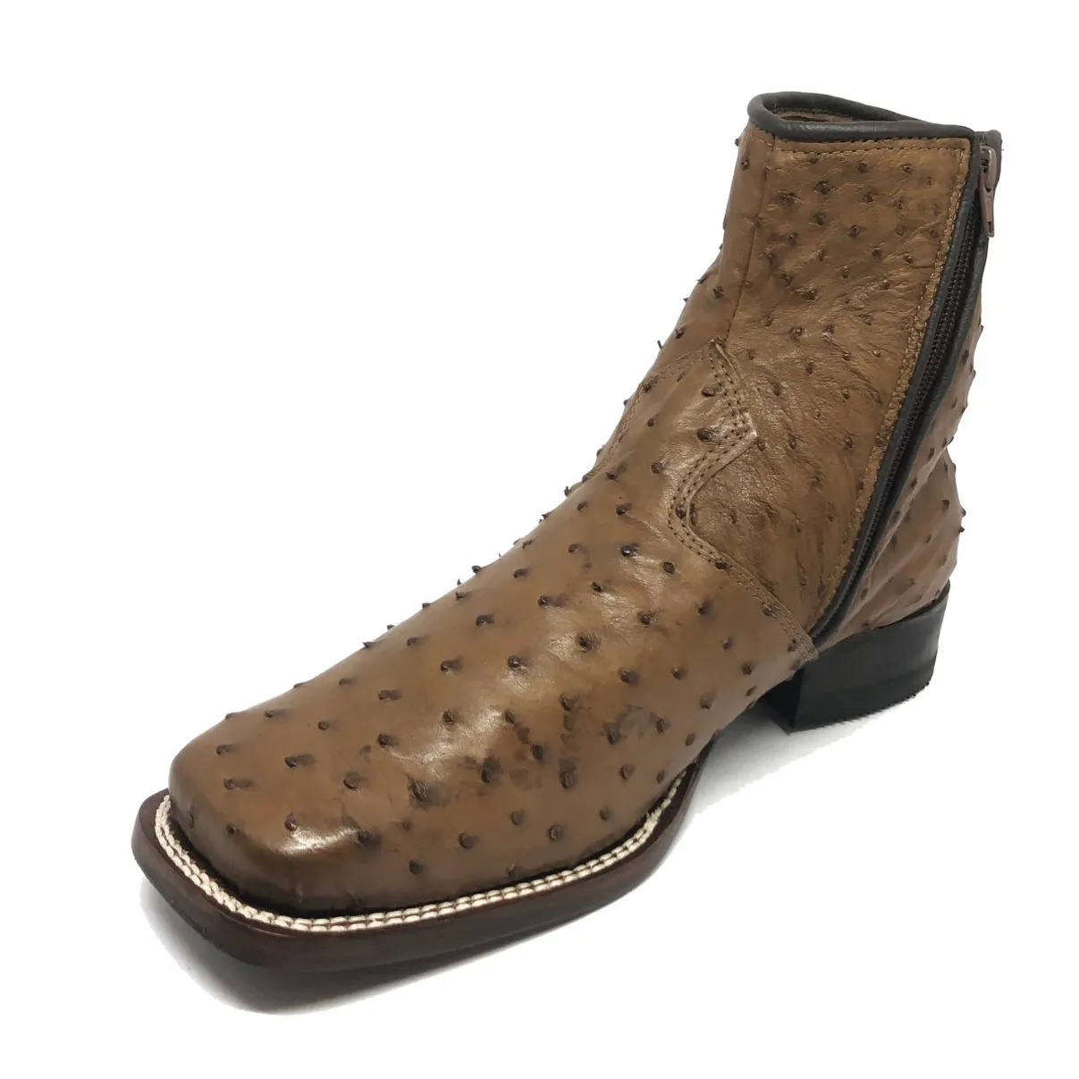 Bota De Couro De Avestruz Cheio Marrom Tabaco - Cano Curto De Zíper, Bico Quadrado, Solado De Couro Artesanal