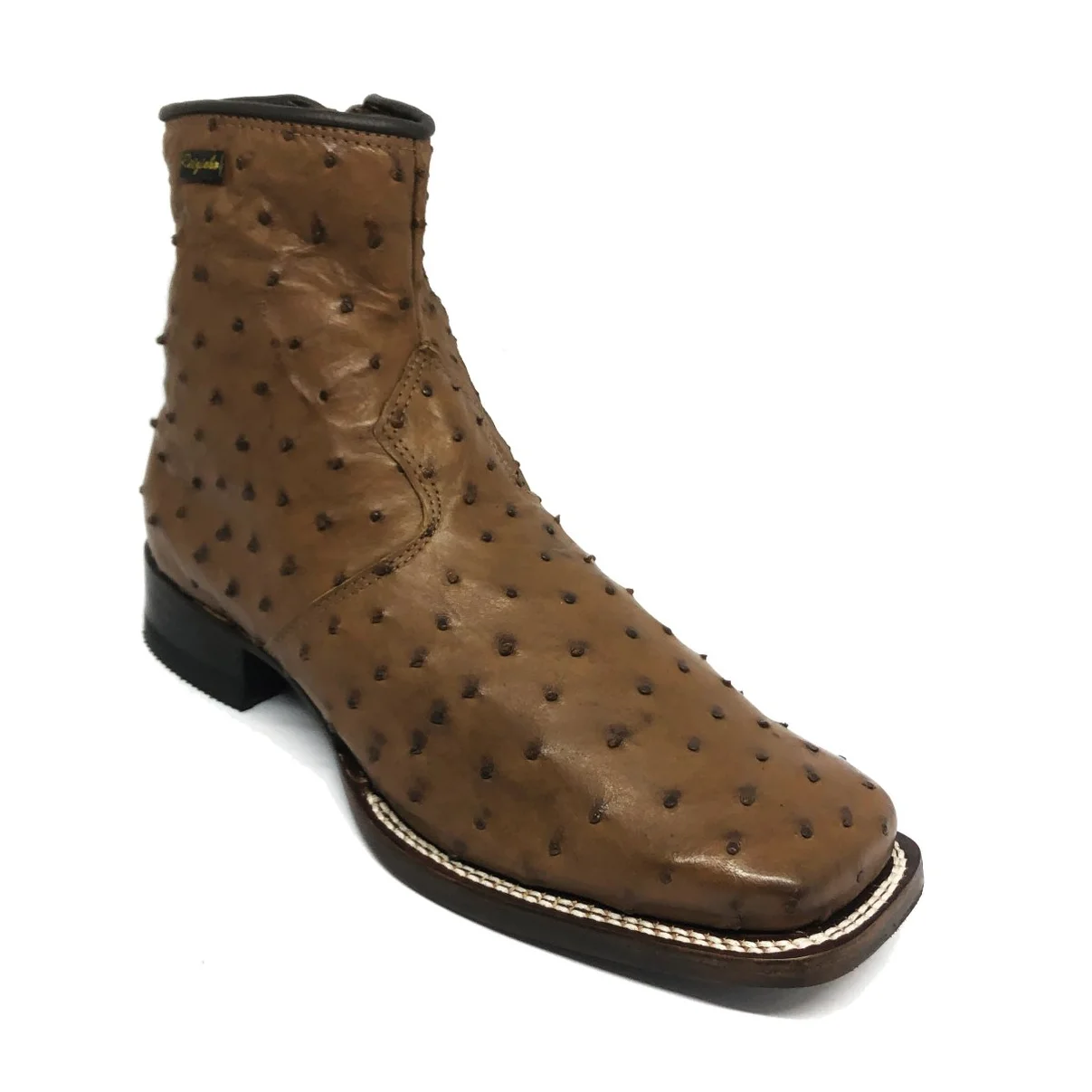 Bota De Couro De Avestruz Cheio Marrom Tabaco - Cano Curto De Zíper, Bico Quadrado, Solado De Couro Artesanal
