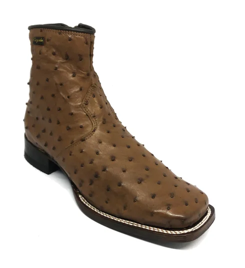 Bota De Couro De Avestruz Cheio Marrom Tabaco - Cano Curto De Zíper, Bico Quadrado, Solado De Couro Artesanal