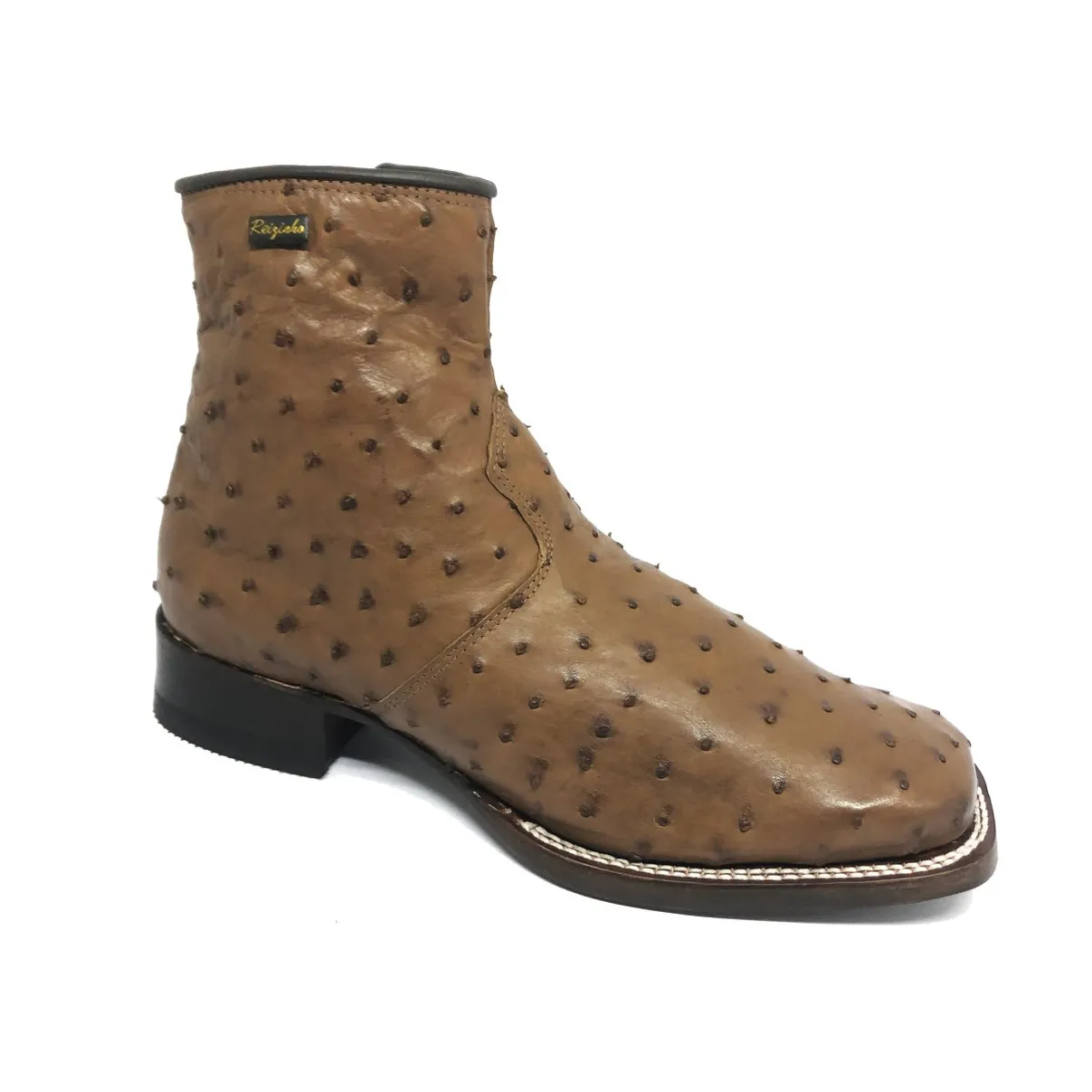 Bota De Couro De Avestruz Cheio Marrom Tabaco - Cano Curto De Zíper, Bico Quadrado, Solado De Couro Artesanal