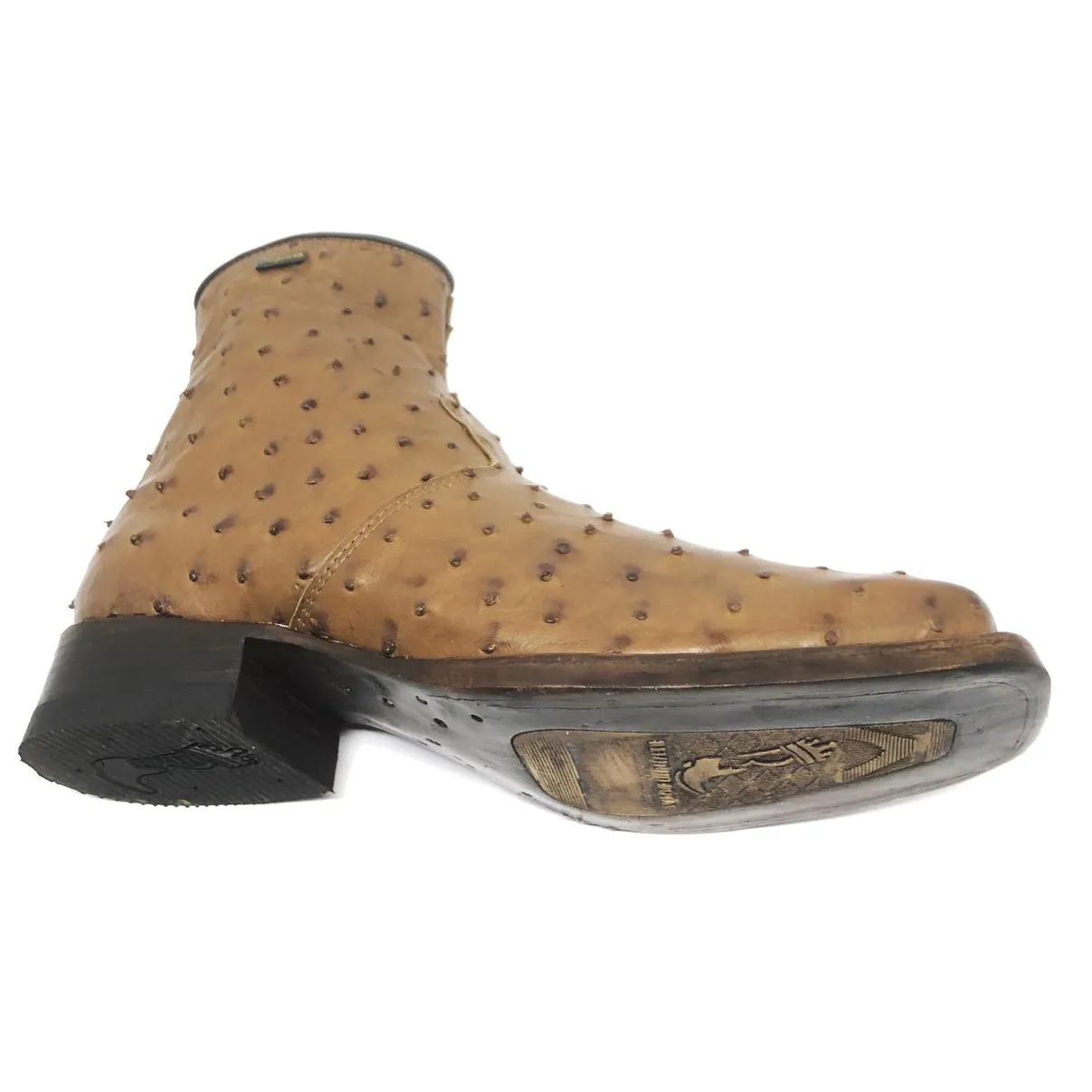 Bota De Couro De Avestruz Cheio Marrom Tabaco - Cano Curto De Zíper, Bico Quadrado, Solado De Couro Artesanal