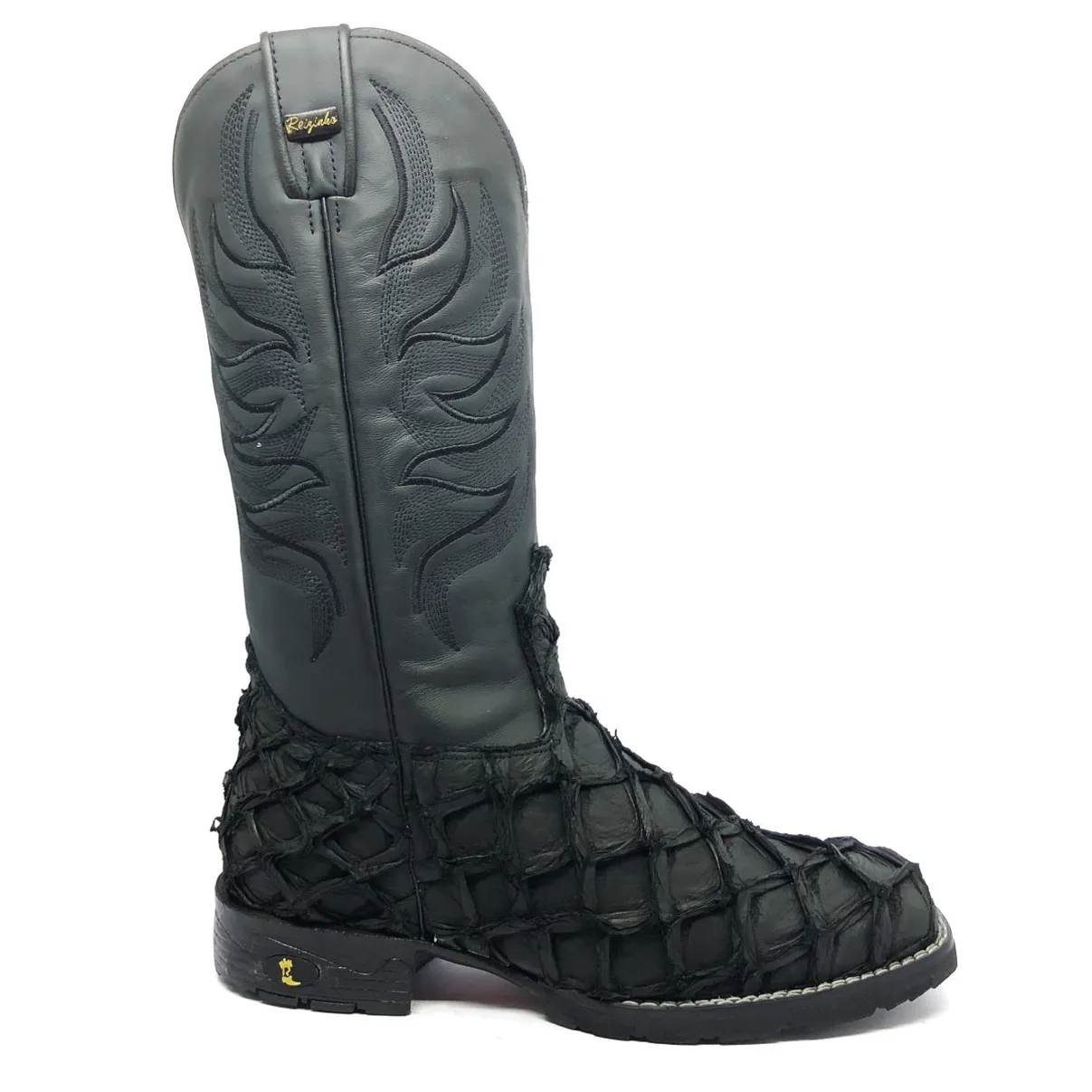 Bota de Pirarucu Preto Fosco - Cano Alto, Bico Quadrado, Solado Flex Comfort