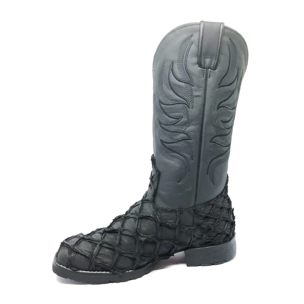 Bota de Pirarucu Preto Fosco - Cano Alto, Bico Quadrado, Solado Flex Comfort