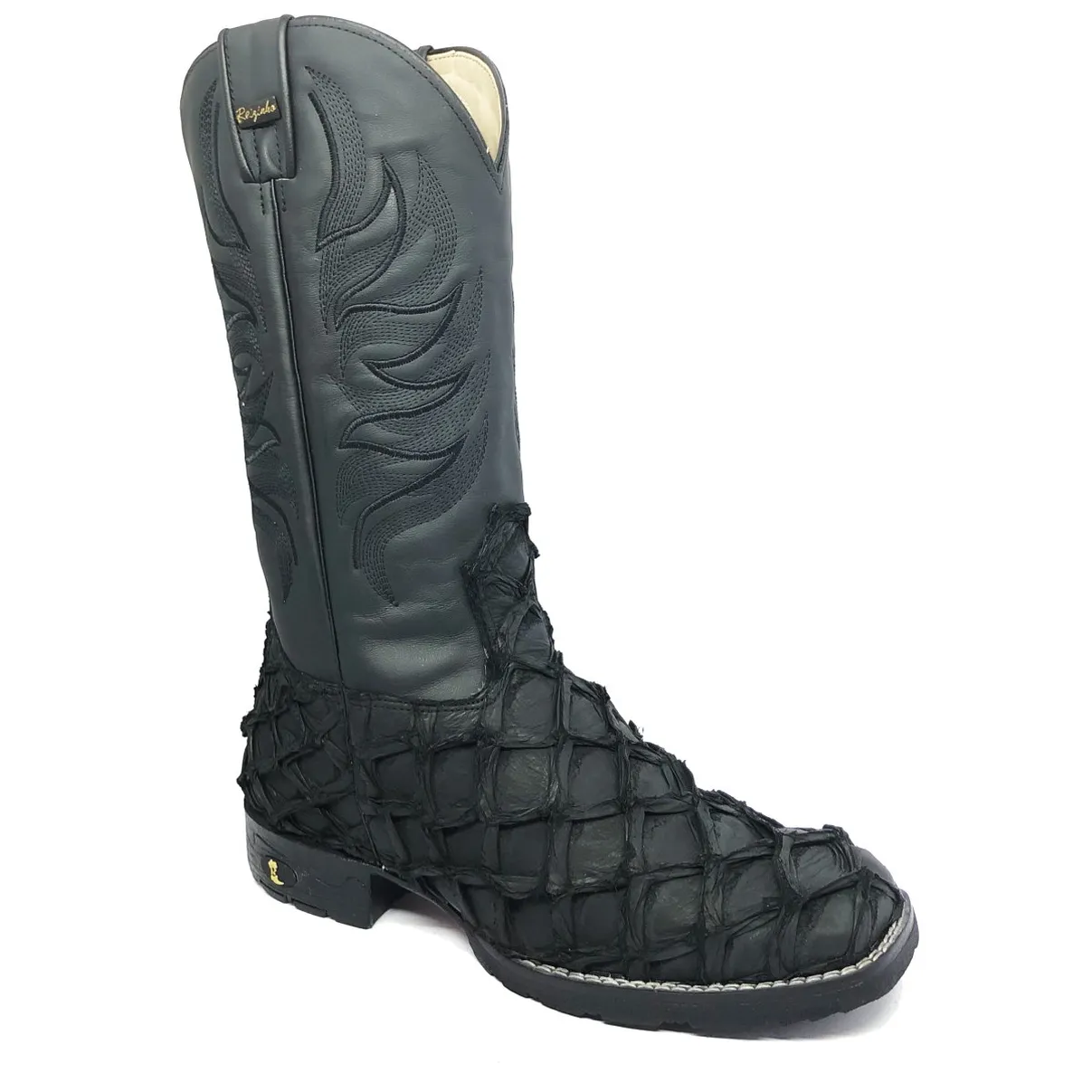 Bota de Pirarucu Preto Fosco - Cano Alto, Bico Quadrado, Solado Flex Comfort