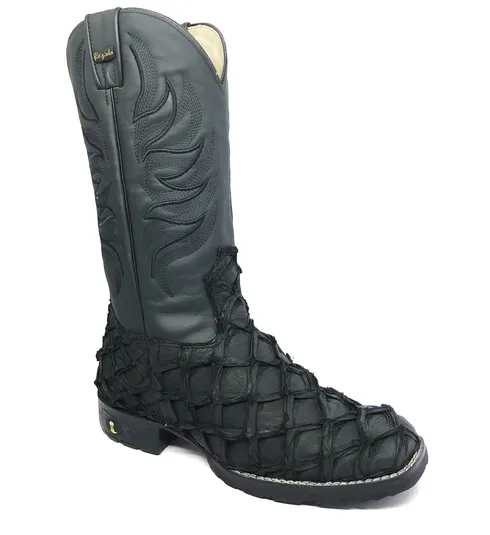 Bota de Pirarucu Preto Fosco - Cano Alto, Bico Quadrado, Solado Flex Comfort