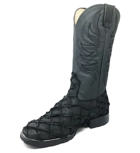 Bota de Pirarucu Preto Fosco - Cano Alto, Bico Quadrado, Solado Flex Comfort