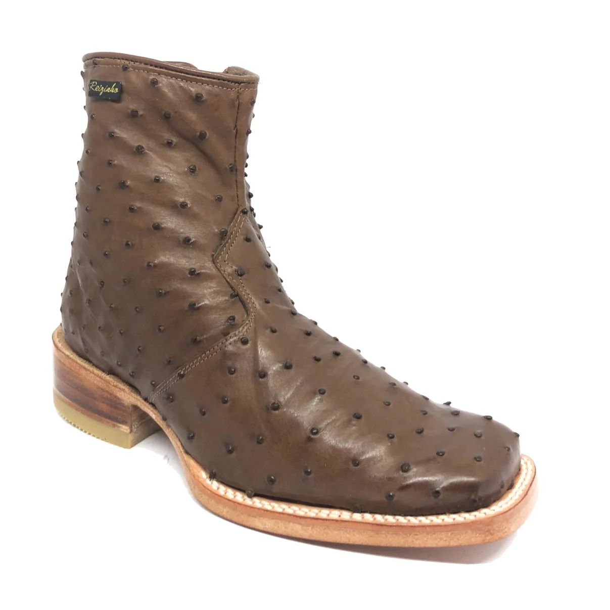 Bota De Couro De Avestruz Cheio Marrom Tabaco - Cano Curto De Zíper, Bico Quadrado, Solado De Couro Artesanal