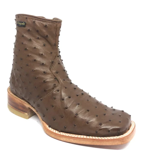 Bota De Couro De Avestruz Cheio Marrom Tabaco - Cano Curto De Zíper, Bico Quadrado, Solado De Couro Artesanal