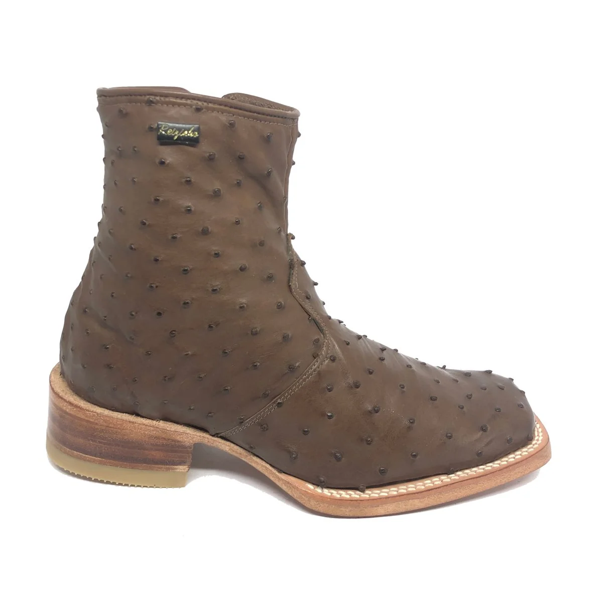 Bota De Couro De Avestruz Cheio Marrom Tabaco - Cano Curto De Zíper, Bico Quadrado, Solado De Couro Artesanal