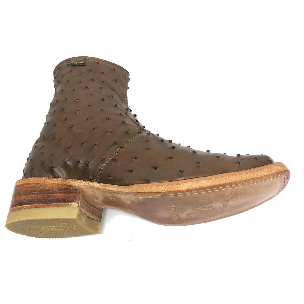 Bota De Couro De Avestruz Cheio Marrom Tabaco - Cano Curto De Zíper, Bico Quadrado, Solado De Couro Artesanal