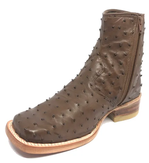 Bota De Couro De Avestruz Cheio Marrom Tabaco - Cano Curto De Zíper, Bico Quadrado, Solado De Couro Artesanal
