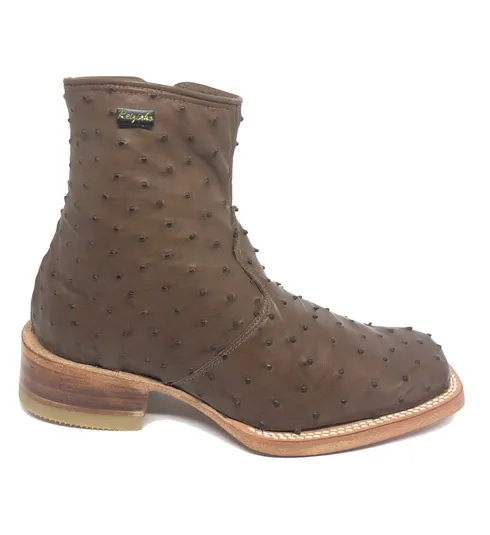 Bota De Couro De Avestruz Cheio Marrom Tabaco - Cano Curto De Zíper, Bico Quadrado, Solado De Couro Artesanal