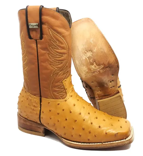 Bota Texana de Couro de Avestruz Cheio Conhaque | Reizinho Botas
