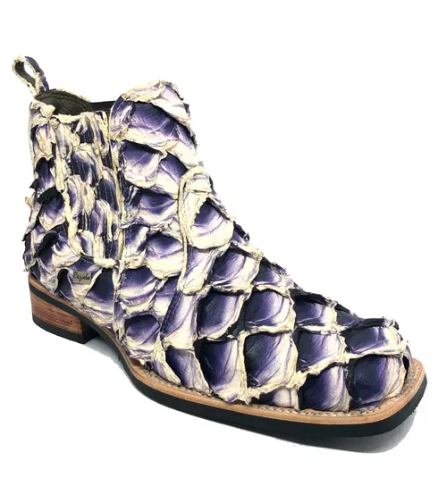 Bota Texana de Couro Legítimo de Pirarucu Dark Blue - Cano Curto, Bico Quadrado - Solado X-Flex Artesanal