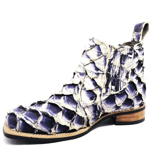 Bota Texana de Couro Legítimo de Pirarucu Dark Blue - Cano Curto, Bico Quadrado - Solado X-Flex Artesanal