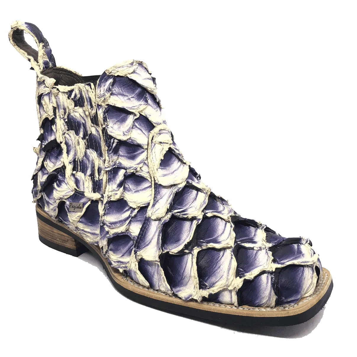 Bota Texana de Couro Legítimo de Pirarucu Dark Blue - Cano Curto, Bico Quadrado - Solado X-Flex Artesanal
