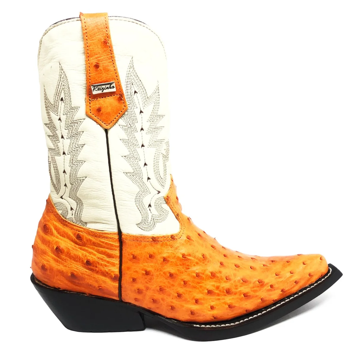 Bota De Couro Avestruz Cheio Laranja - Cano Médio, Bico Fino, Solado De Couro Artesanal