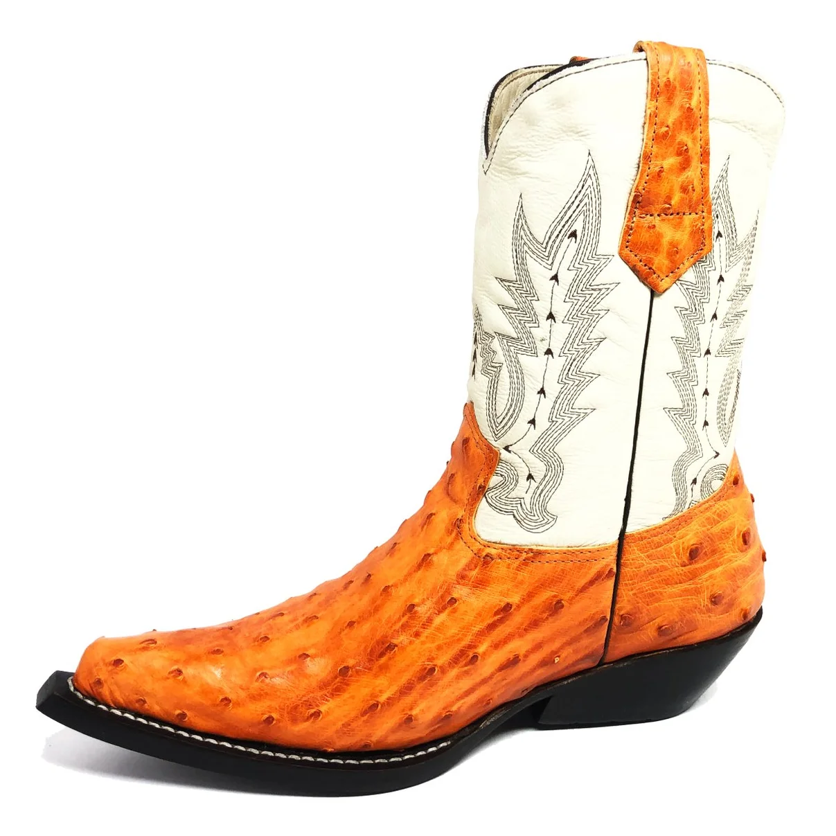 Bota De Couro Avestruz Cheio Laranja - Cano Médio, Bico Fino, Solado De Couro Artesanal