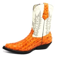 Bota De Couro Avestruz Cheio Laranja - Cano Médio, Bico Fino, Solado De Couro Artesanal - imagem 3