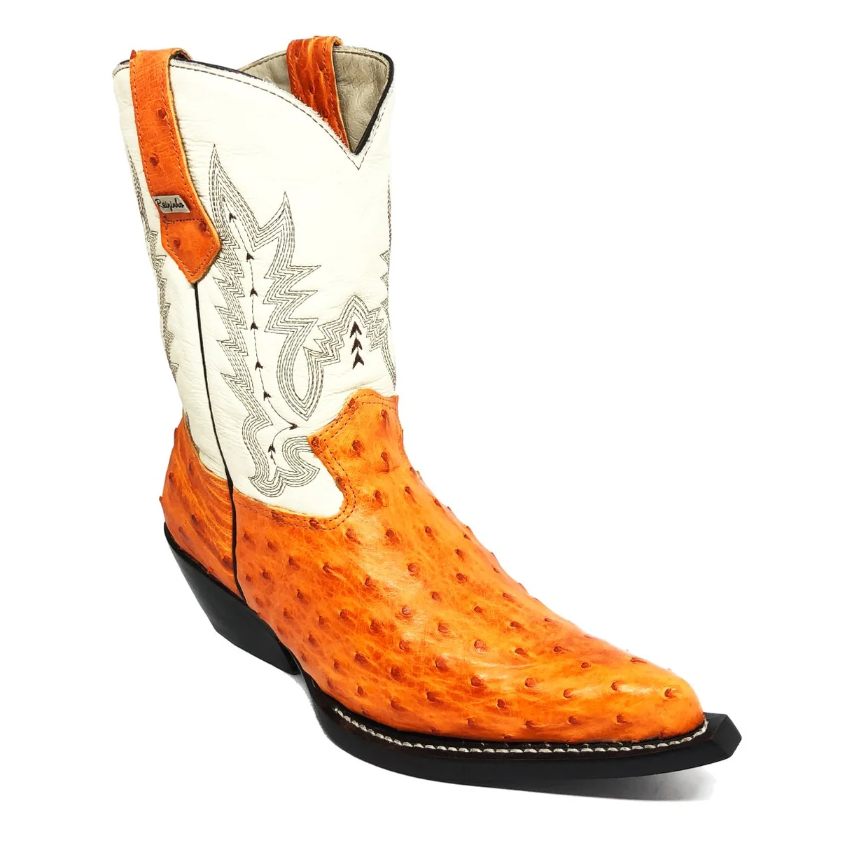 Bota De Couro Avestruz Cheio Laranja - Cano Médio, Bico Fino, Solado De Couro Artesanal